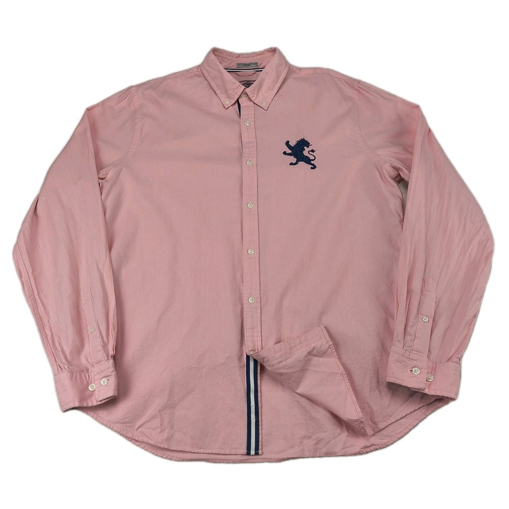 Express Mens XL Fitted Long Sleeve Button Down Shirt Pink Embroidered‎ Lion Logo